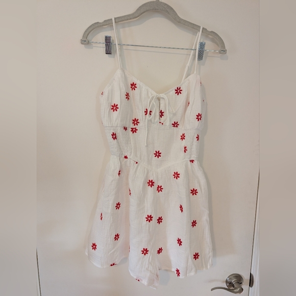 Day + Moon Pants - White and Red Floral Romper